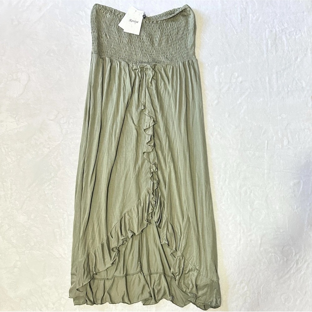 Raviya Dress Cover Up Sz L Sage Green Ruffle Front Cascade Smoked Bodice New